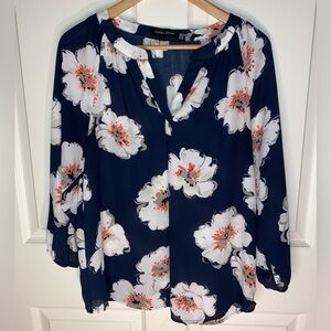 Ivanka Trump Navy Blue and White Floral Blouse 3/4 Sleeve perfect for the office
